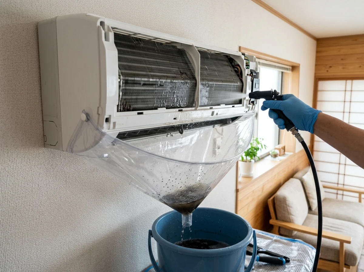 壁掛けエアコンに洗浄用のカバーを取り付け、熱交換器を洗っている様子
