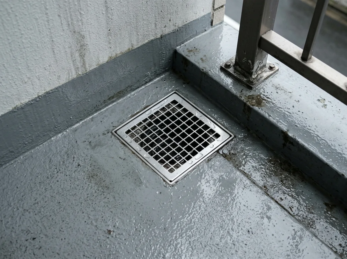 ゴミを取り除いたあとのベランダの排水口と、その周りの洗った床