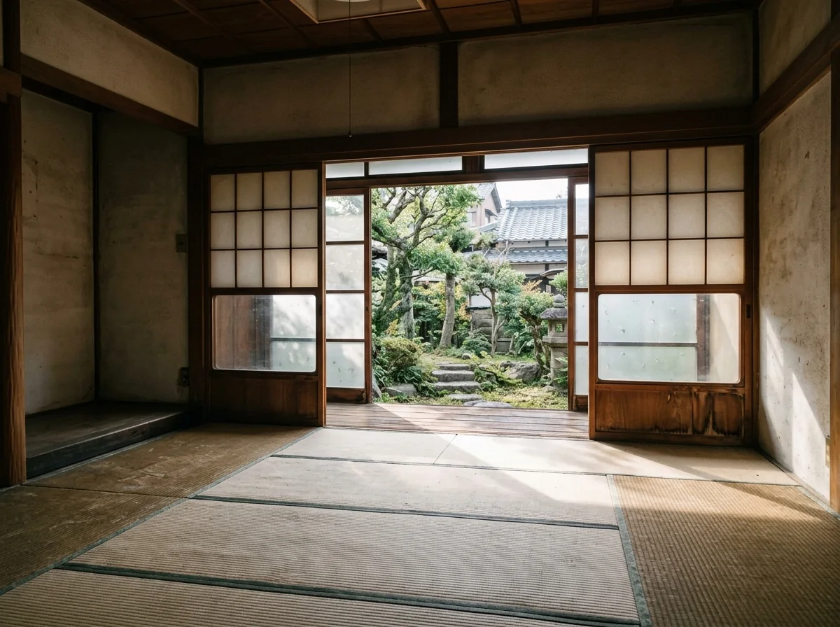 朝の光が入る、畳と縁側のある古い和室の空き部屋