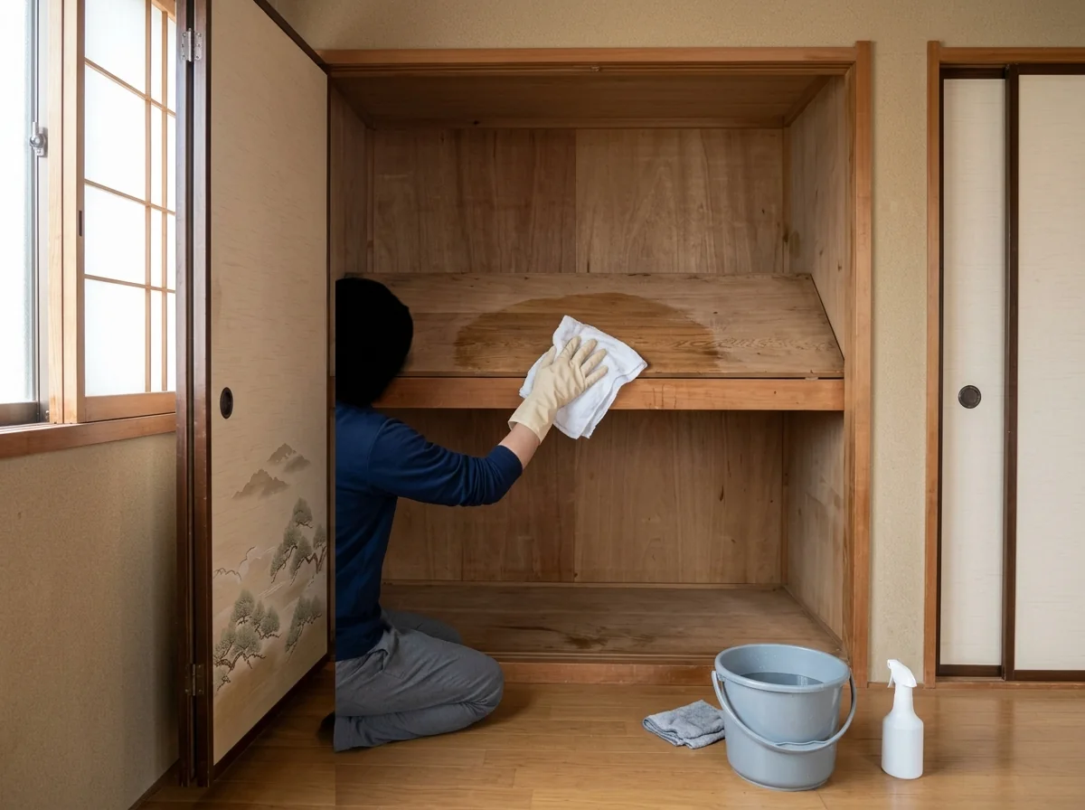 空き部屋の押入れの中段を、手袋をした手が布で拭いている様子