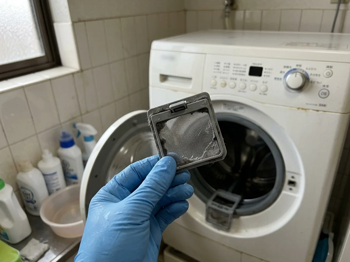 洗濯機から取り出した糸くずフィルターを手に持っている様子