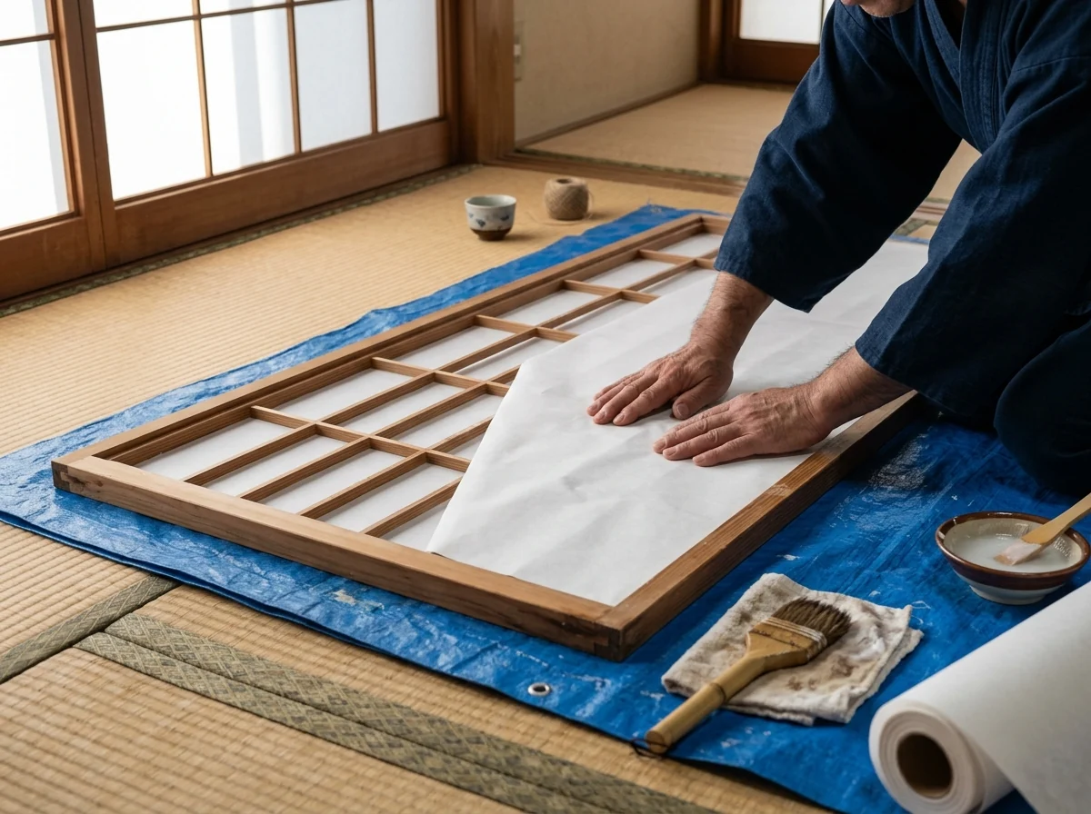 障子の枠に新しい障子紙を貼っている様子