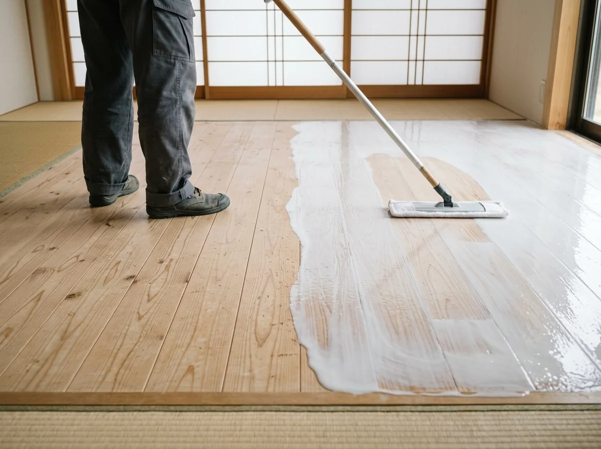 古いワックスをはがしている途中で、床の一部に白く濁った液が広がっている様子